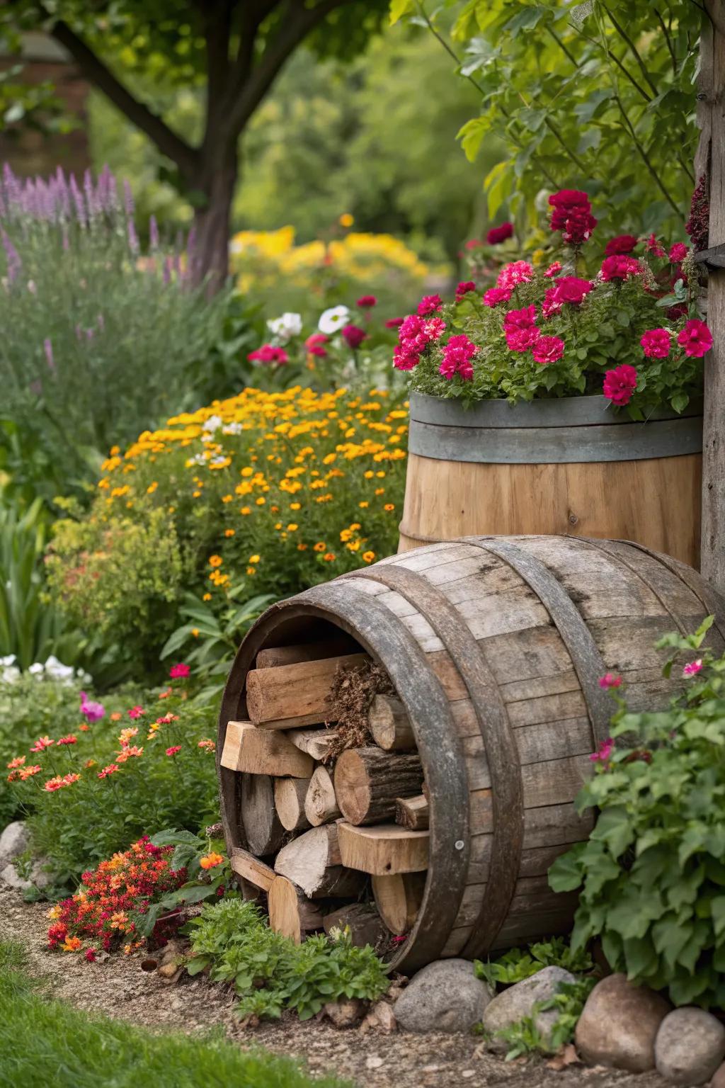 Upcycled wine barrel doubles as a striking garden feature.