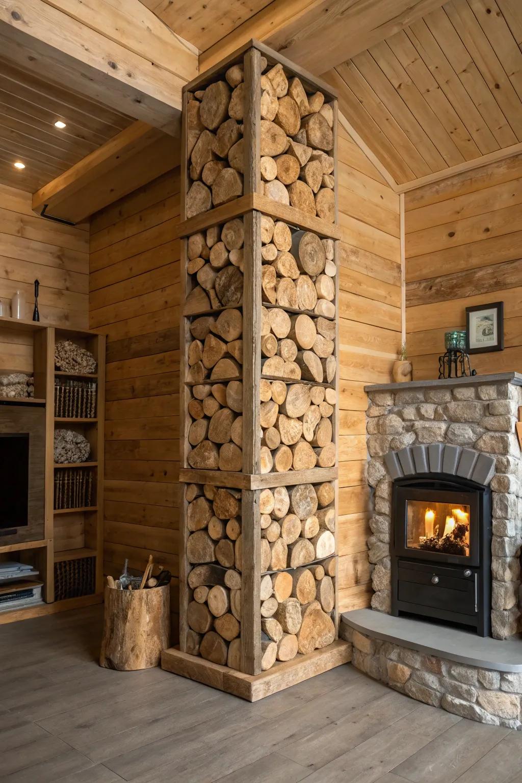 Corner log tower offering efficient vertical firewood storage.