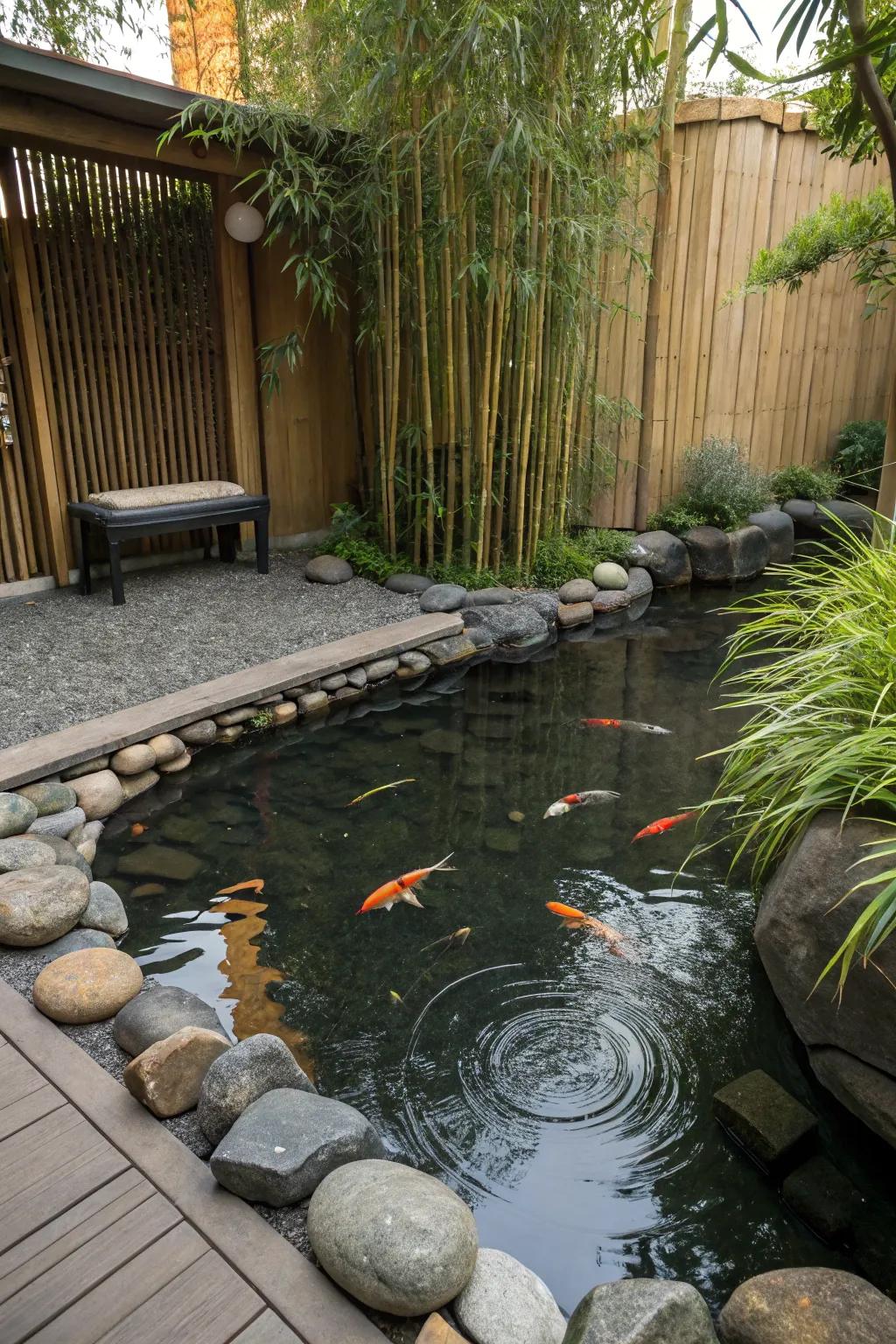 Zen elements create a calming pond environment.