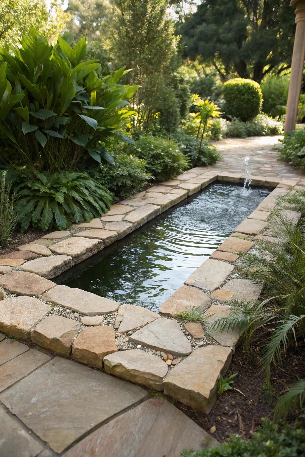 Flagstones create a cohesive and natural frame for a garden water feature.