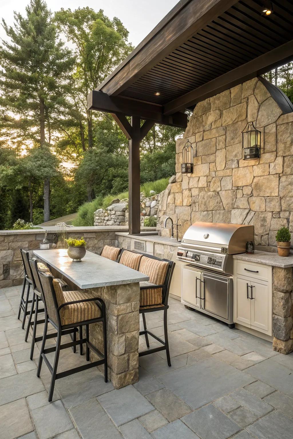 A flagstone wall providing a stunning backdrop for an outdoor kitchen