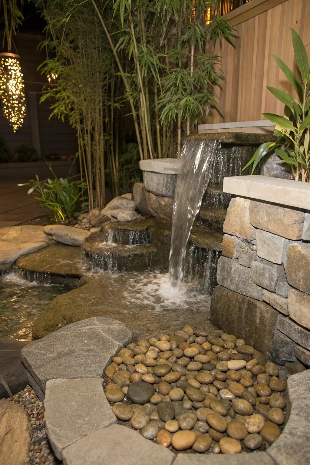 A Zen-inspired flagstone waterfall for ultimate tranquility.