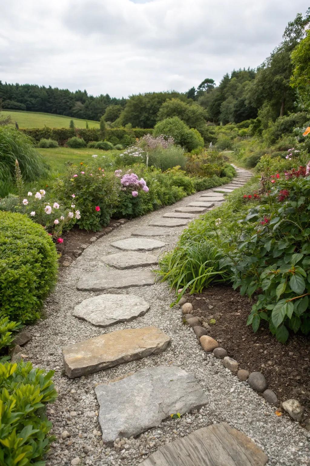A gravel path with flat rock accents in a garden.