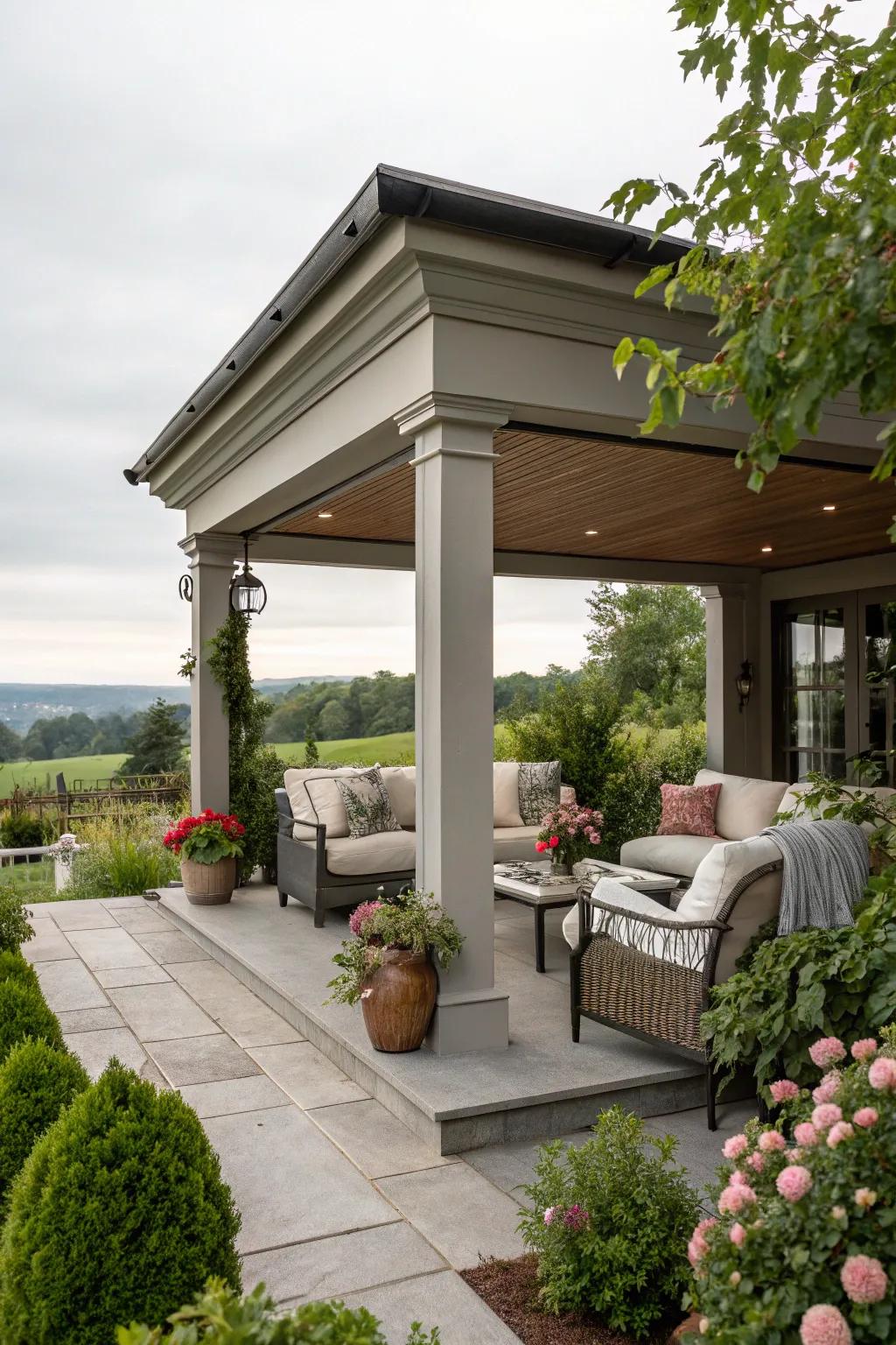 Seating under this flat roof portico creates a welcoming and relaxing outdoor retreat.