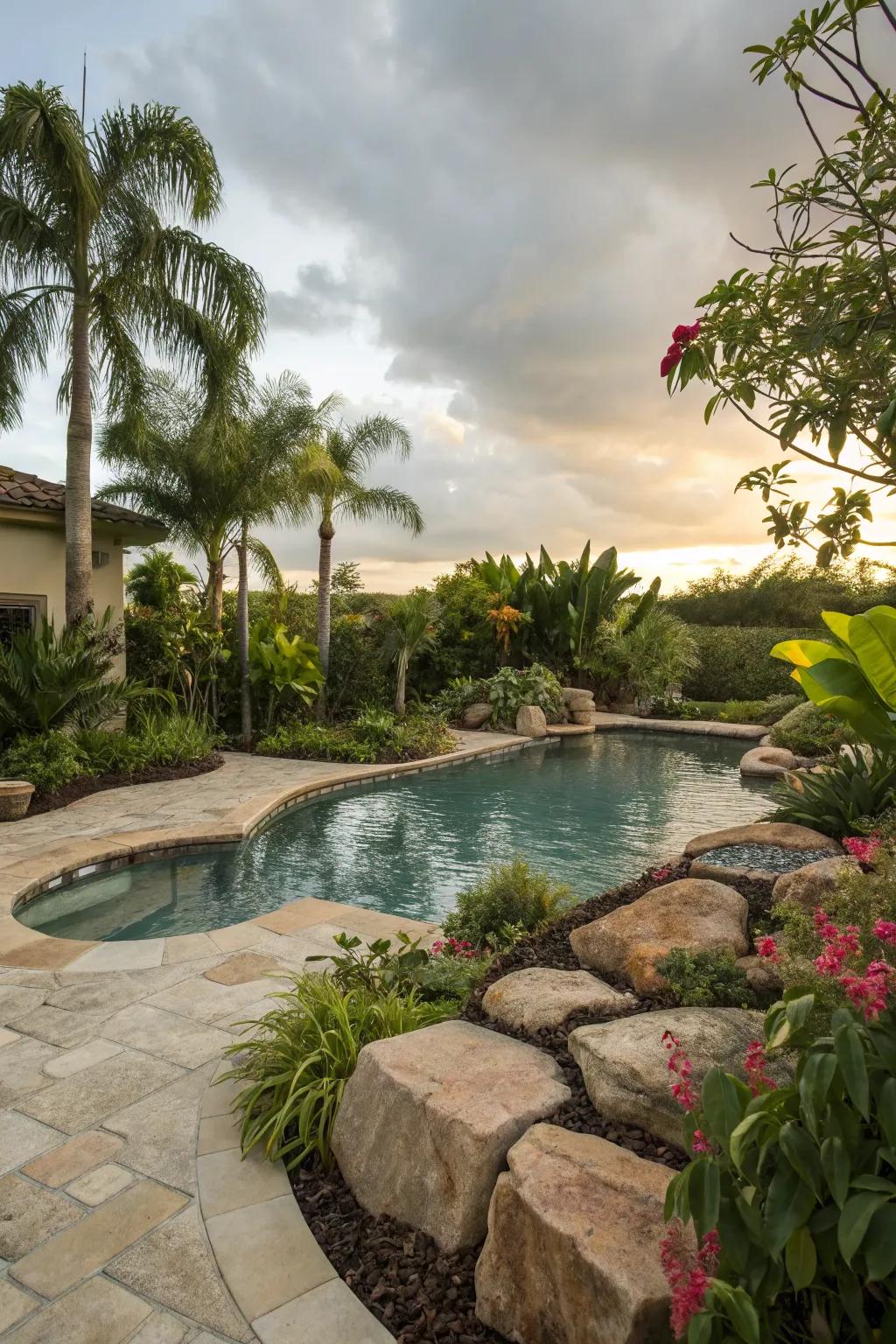 Natural stone accents add elegance to this backyard pool.
