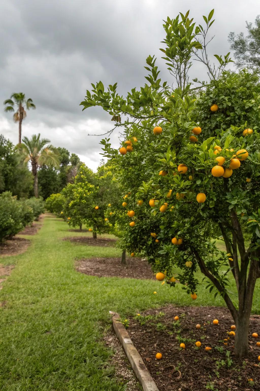 Citrus trees offer shade and fresh fruit in a sunny garden.