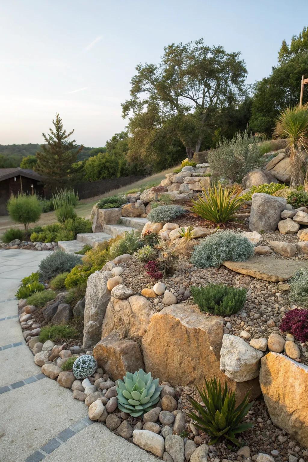 Eco-friendly materials enhancing the garden's sustainability.