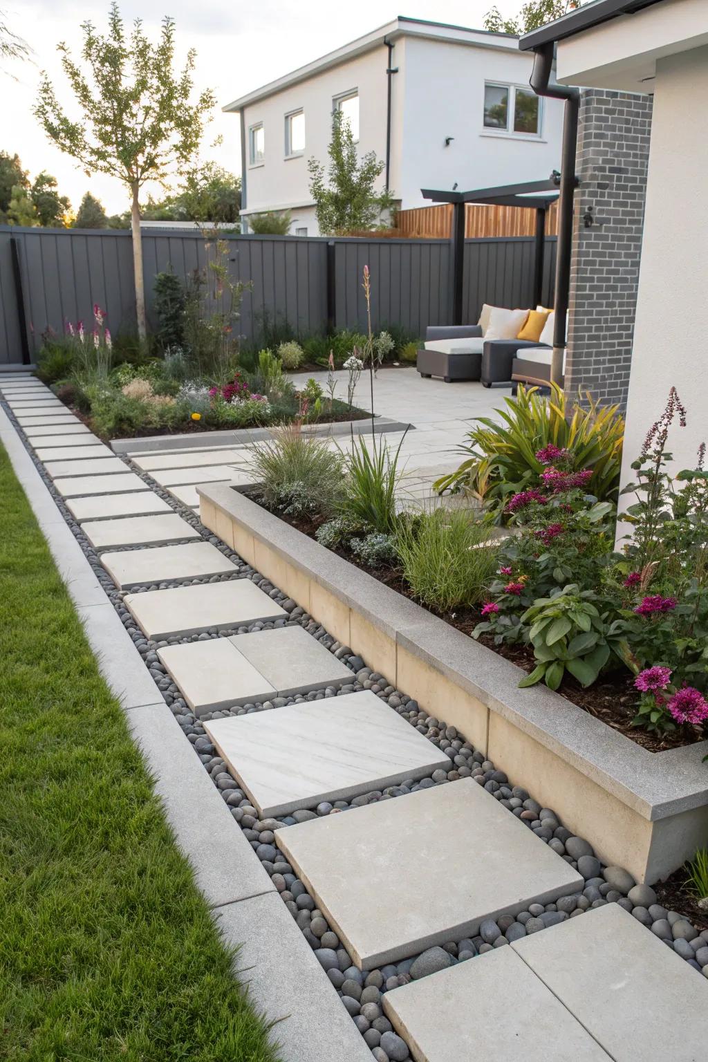 Sleek flat pavers for a modern garden edge.