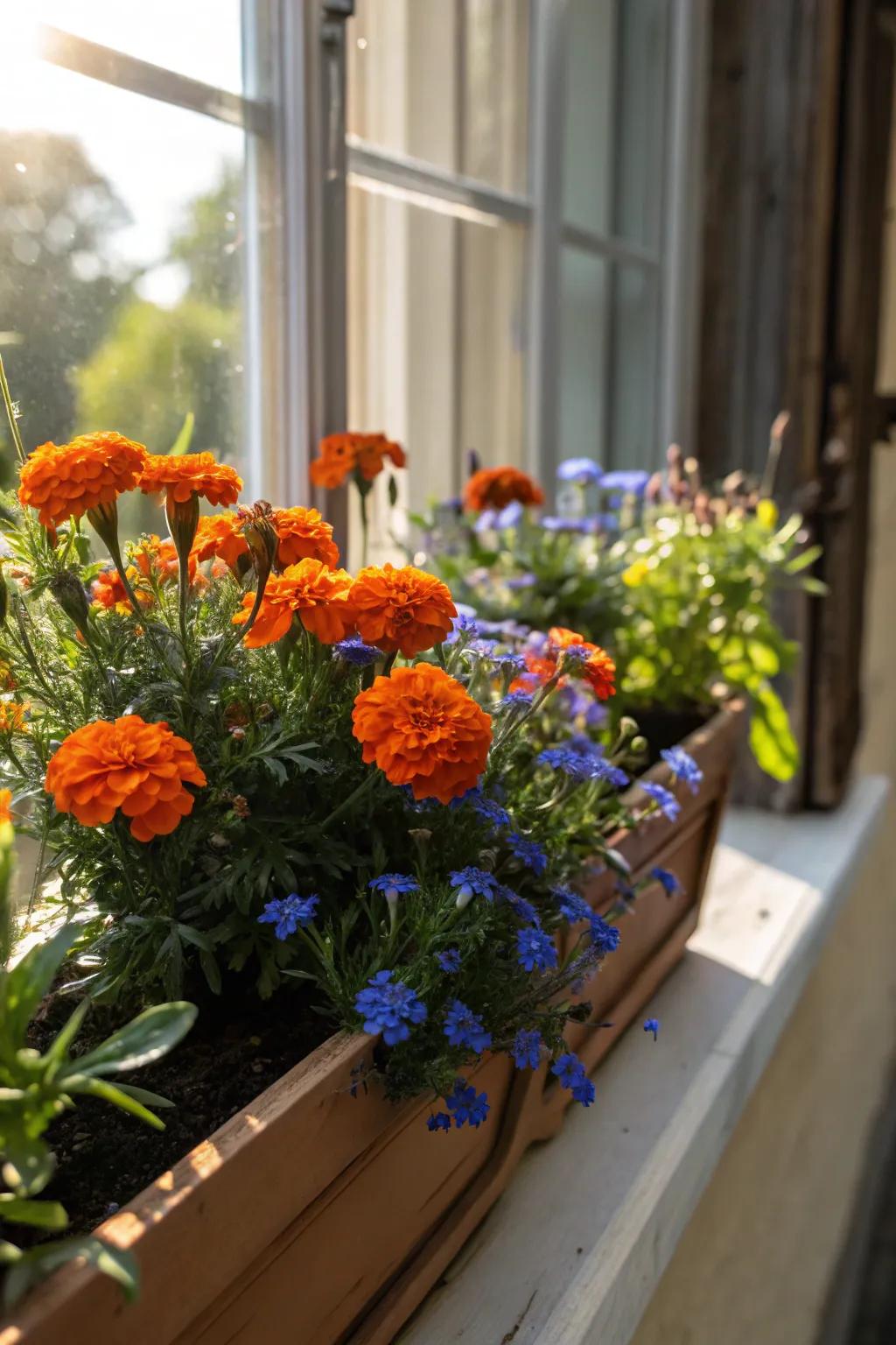 Bold color combinations in flower boxes make a striking statement.