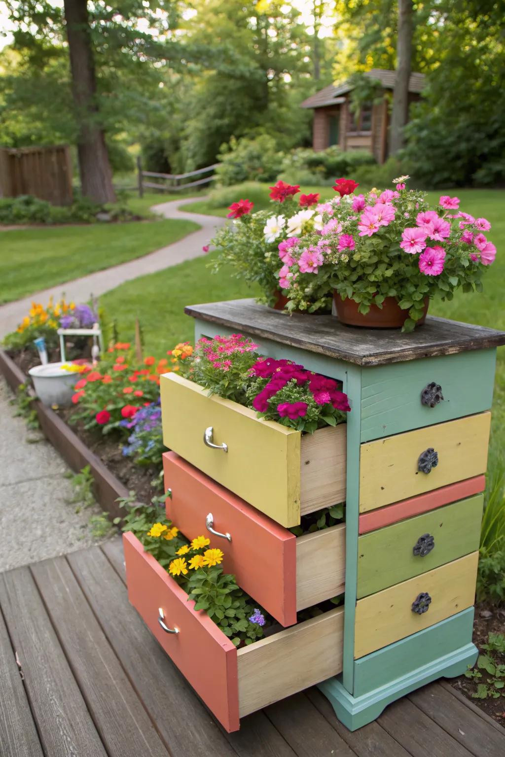Dresser drawers offer a creative twist for planter ideas.