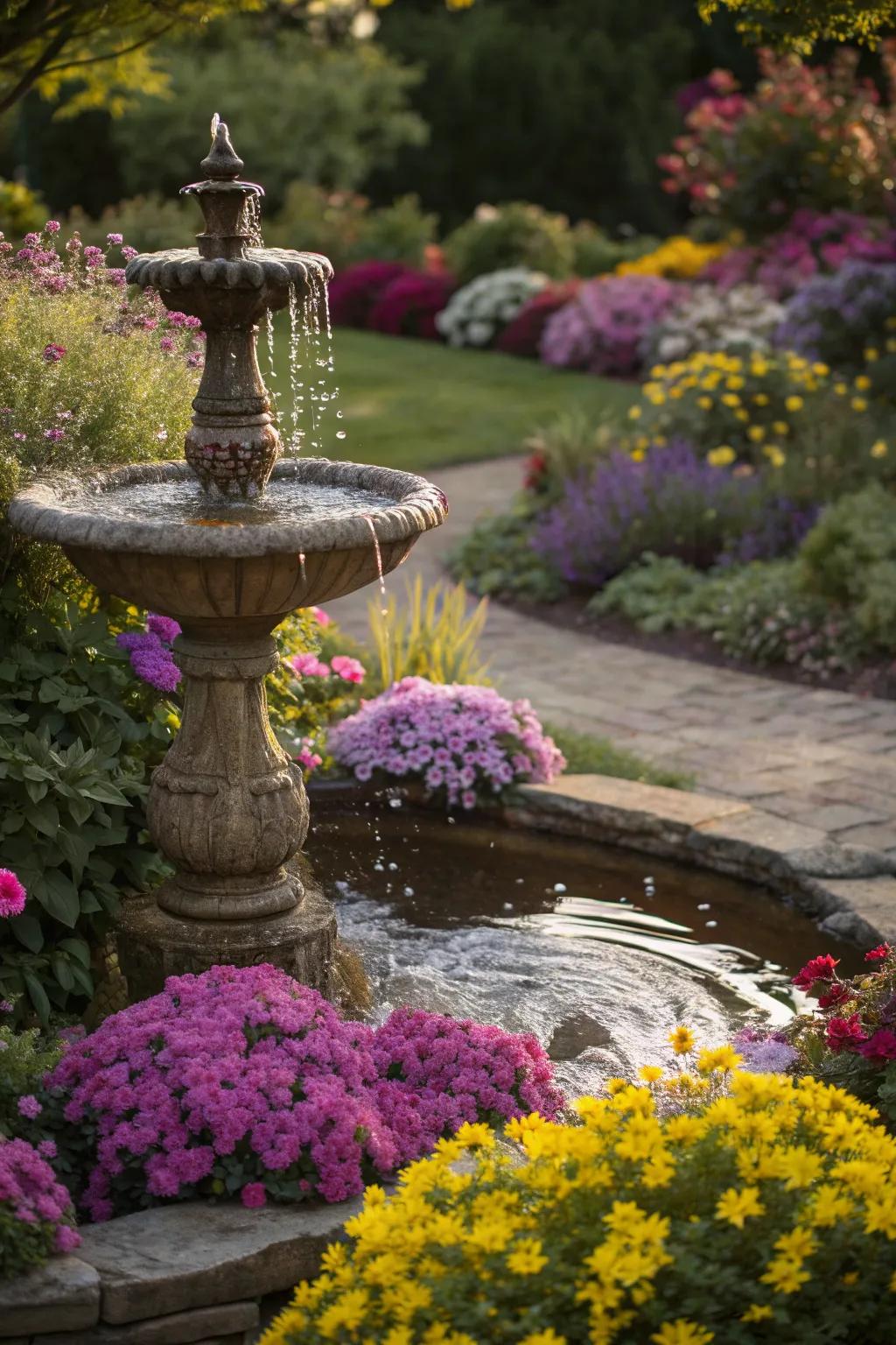 A tranquil water feature accented by vibrant flowers.