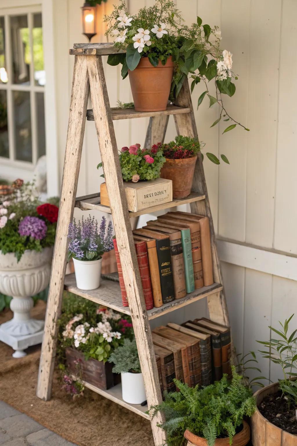 A vintage ladder bookshelf repurposed as a functional flower stand.