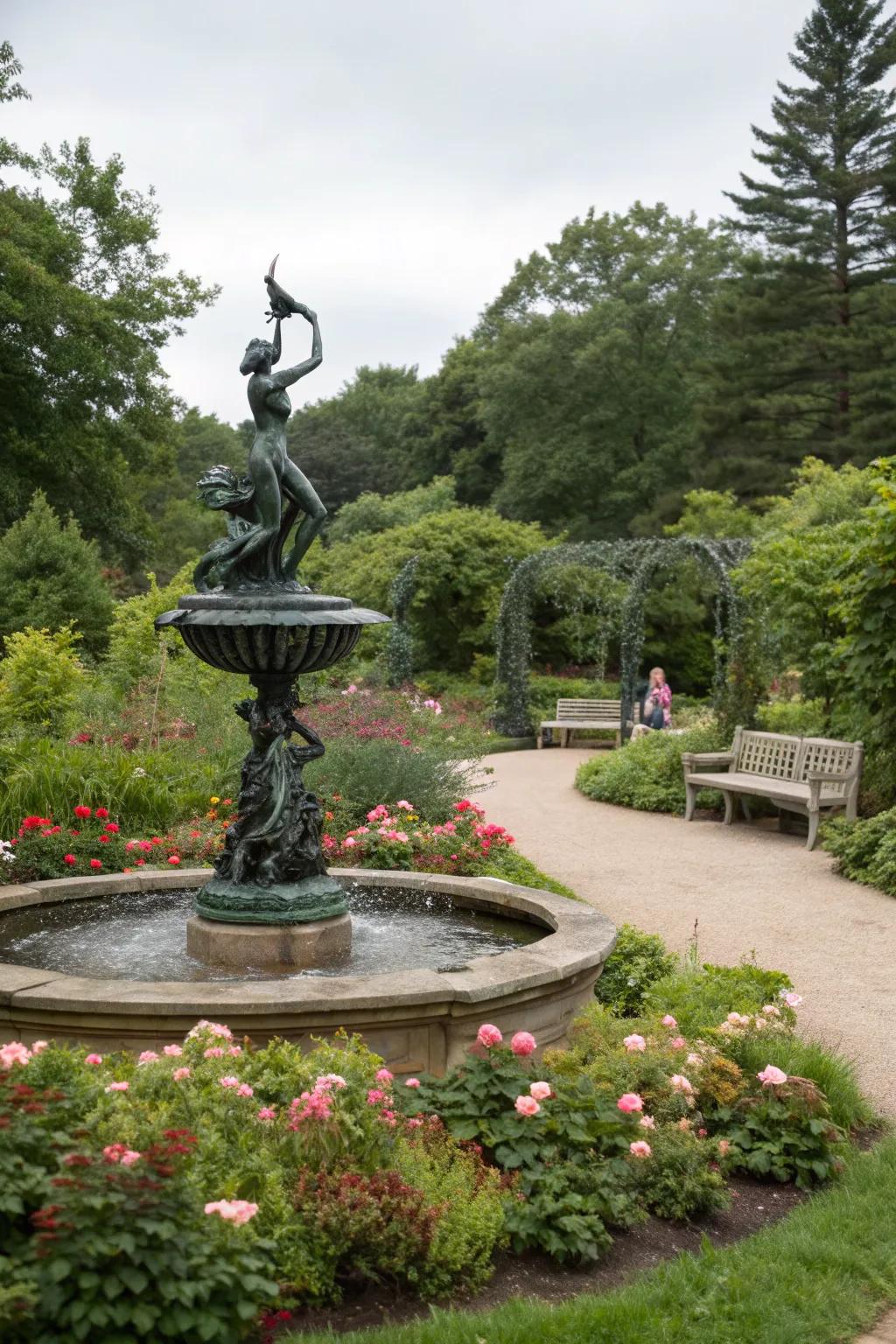 A sculptural fountain serving as an artistic focal point in a garden.