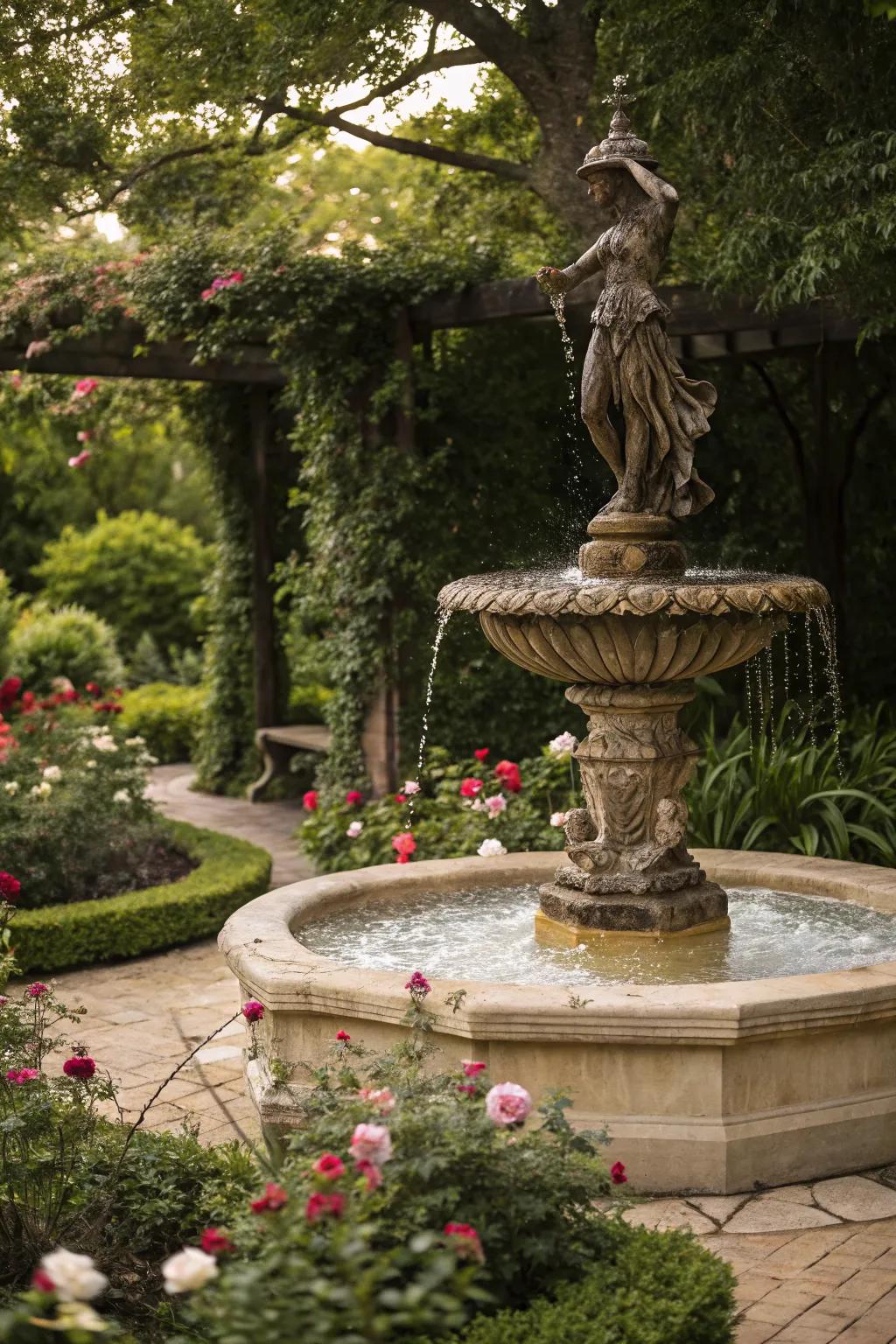 Garden fountain with an artistic sculpture centerpiece.