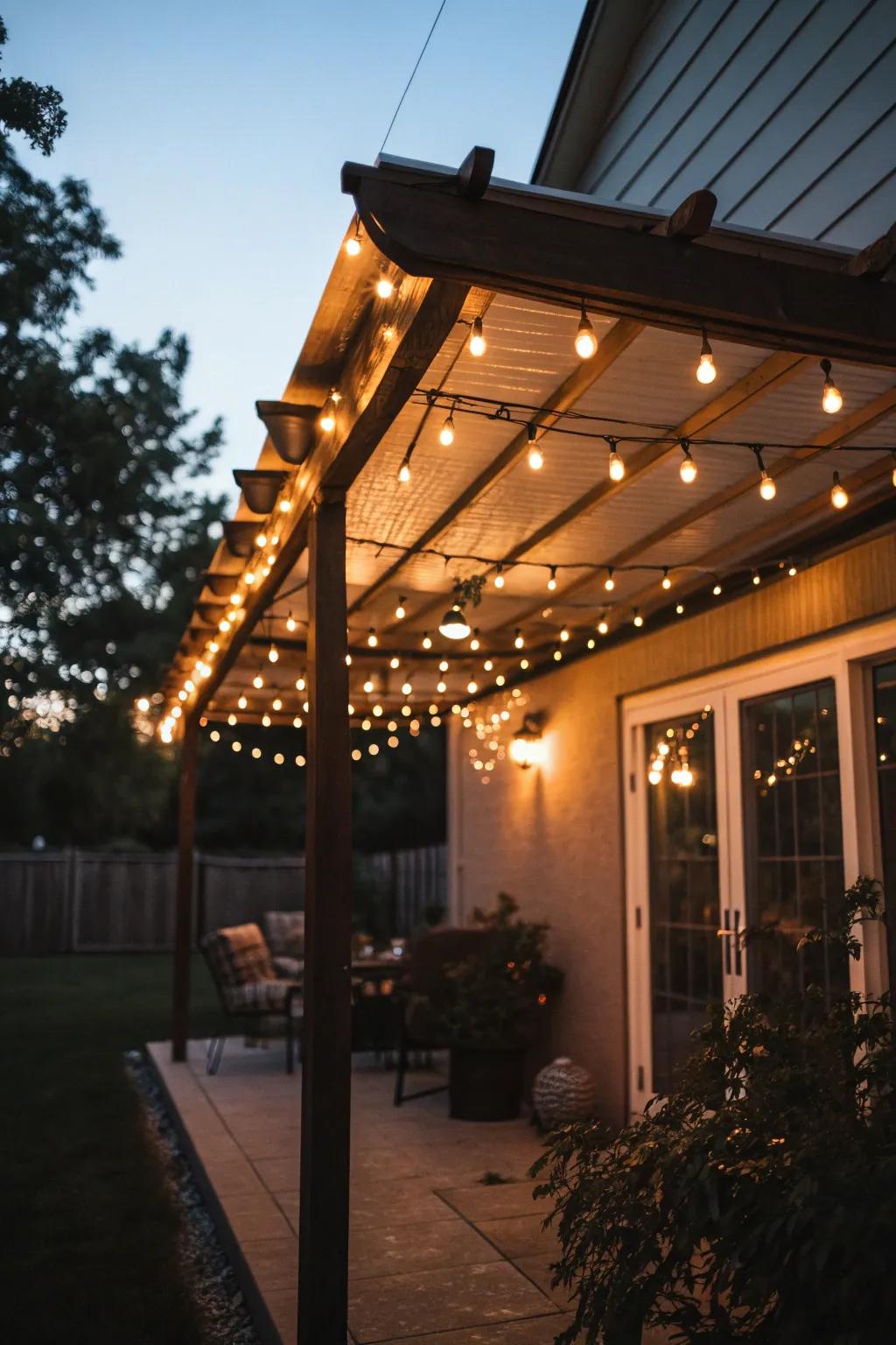 String lights creating a warm, inviting glow under a patio cover.