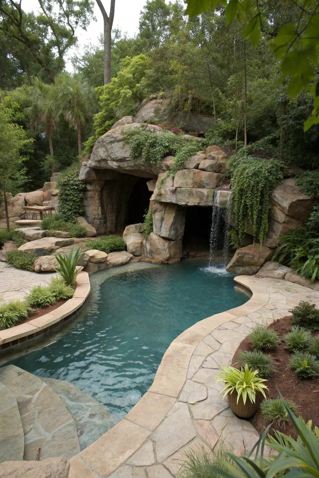 A hidden grotto adds an element of mystery to this freeform pool.