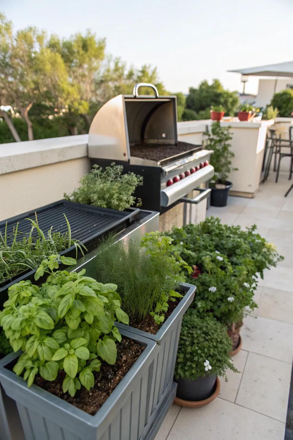 Planters add freshness and accessibility to your grill space.