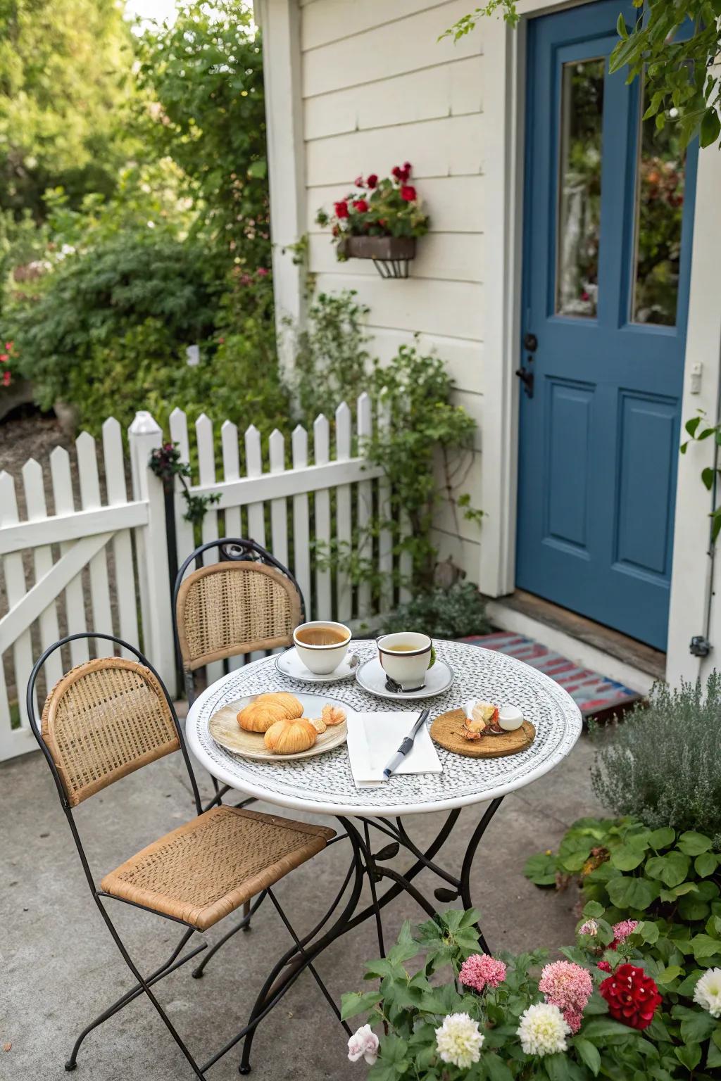 A bistro table invites intimate outdoor dining.