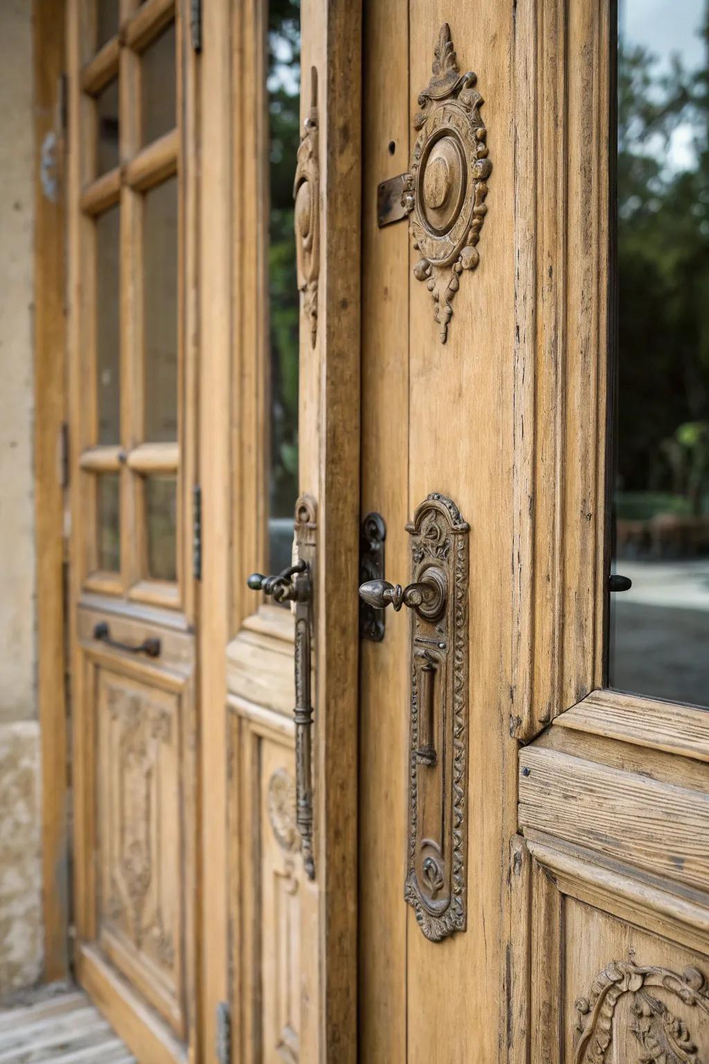 Rustic French doors add warmth and character.