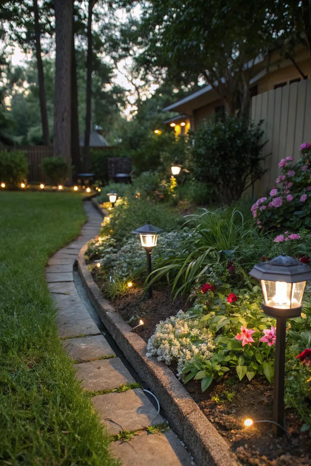 Illuminate your French drain with solar lights for nighttime charm.