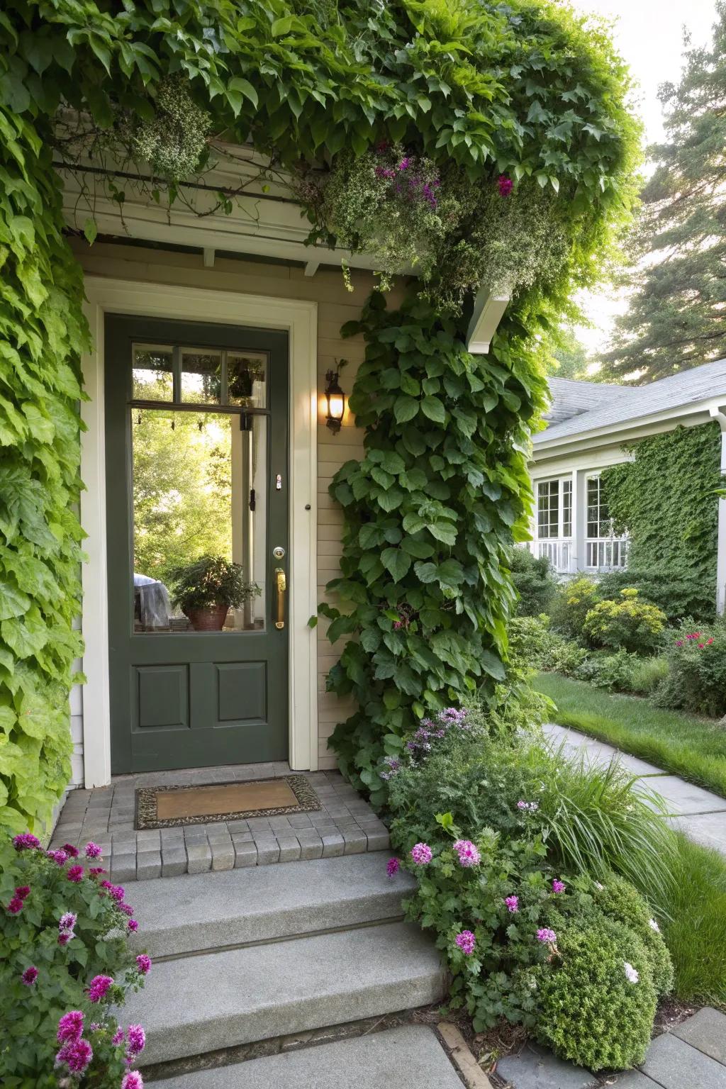A lush vertical garden creating a green and vibrant entrance.