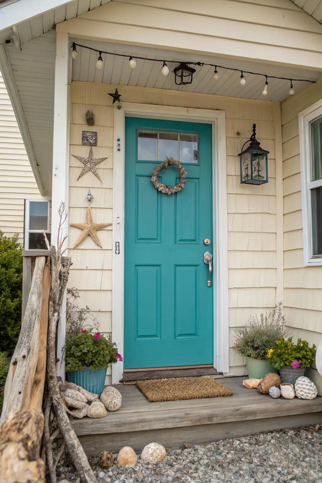 Vibrant teal front door adding coastal charm.