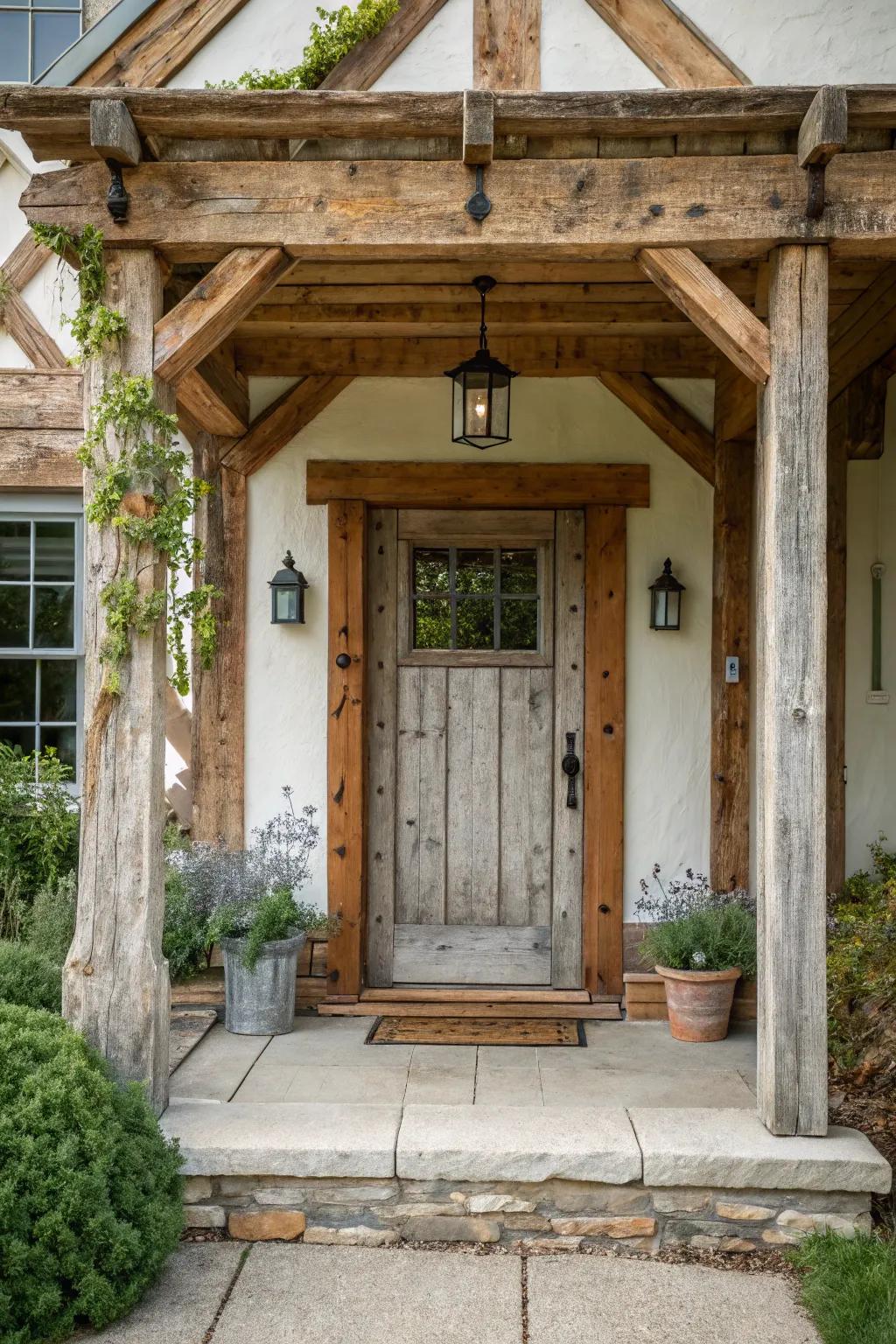 A warm farmhouse charm with rustic wooden beams.