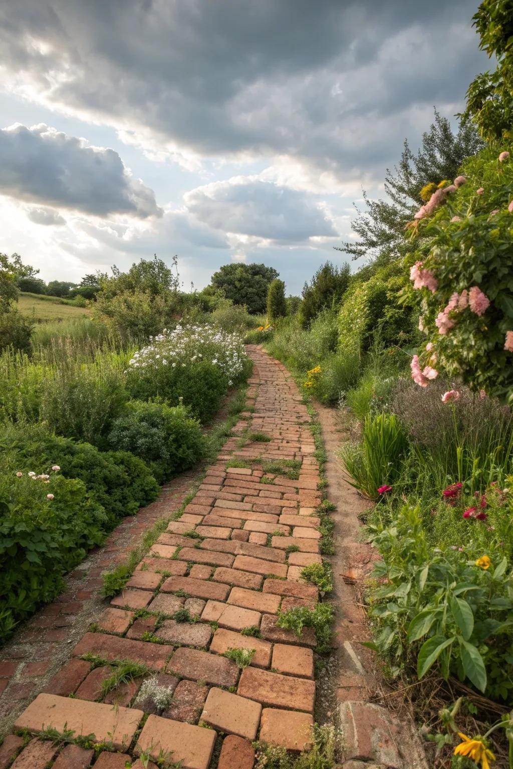 A charming recycled brick path, where each brick tells its own story.