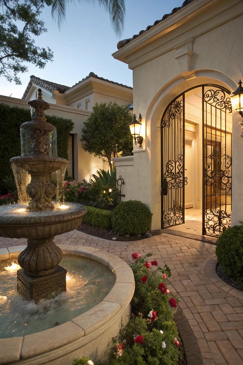 A serene entrance with a soothing water feature.