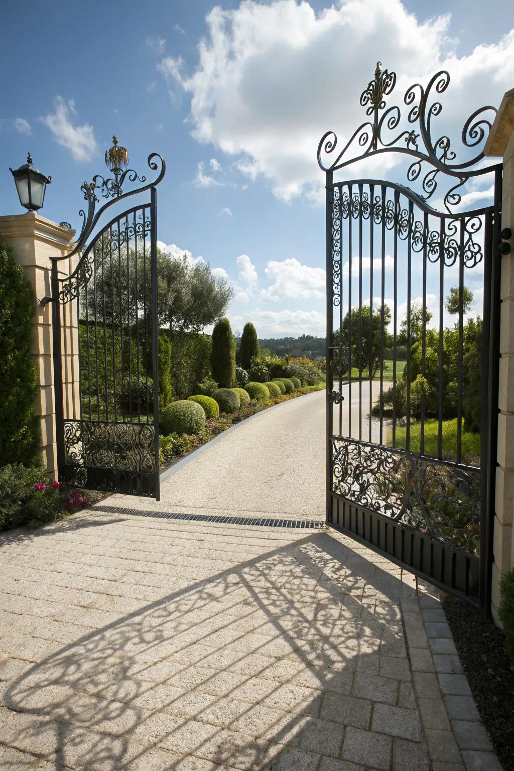 A driveway entrance framed by an impressive gate.