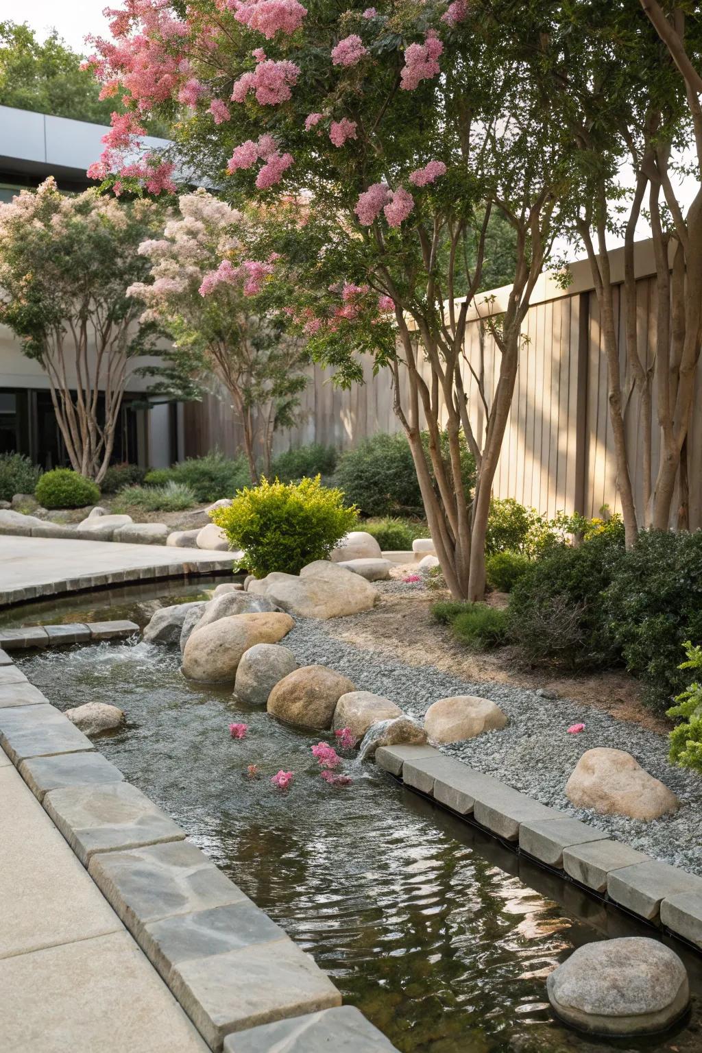 Crepe myrtles add tranquility to a Zen garden setting.