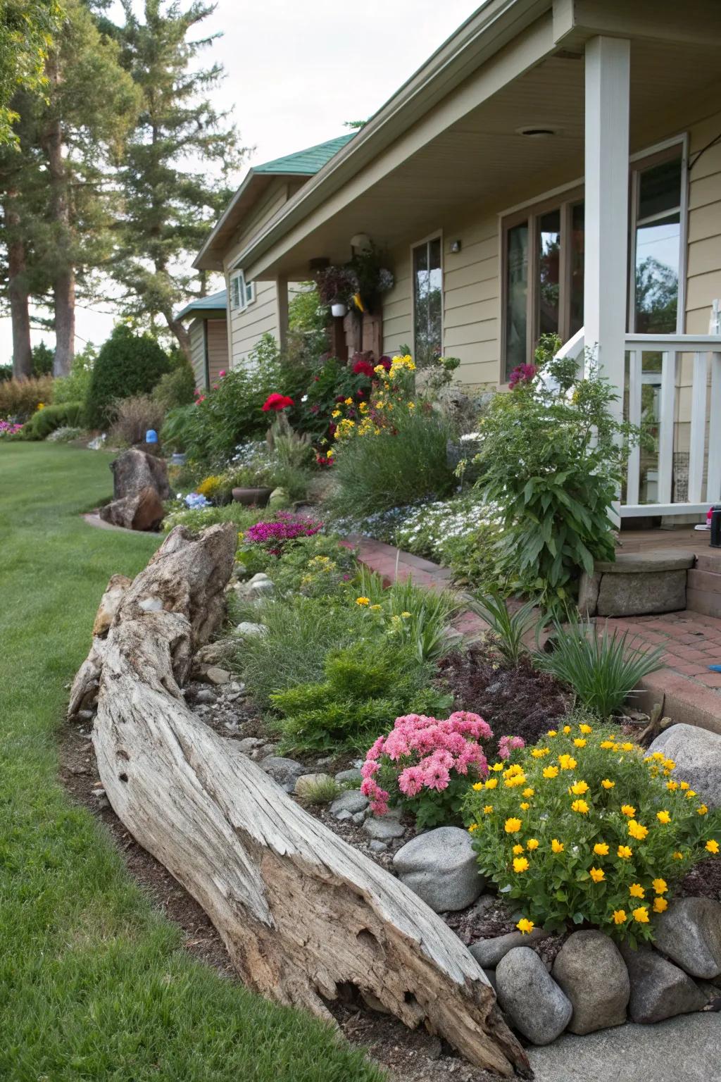 Driftwood adds natural texture to the garden