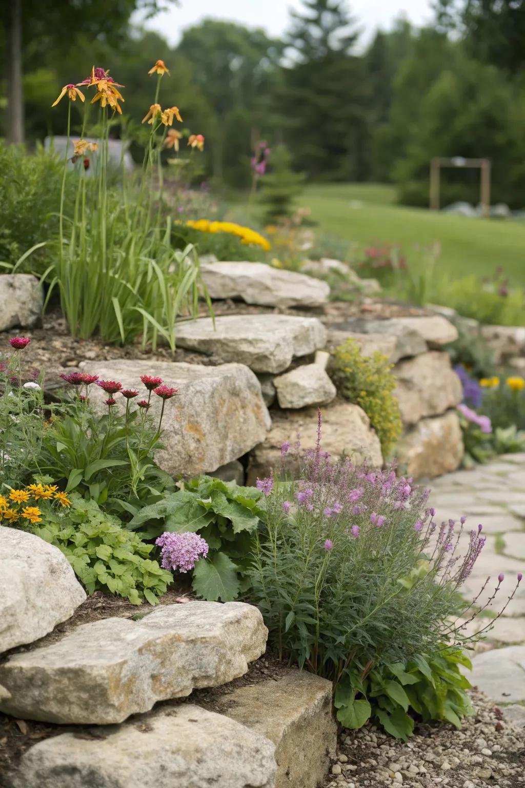 Varying heights of rocks and plants create depth in this flower bed.