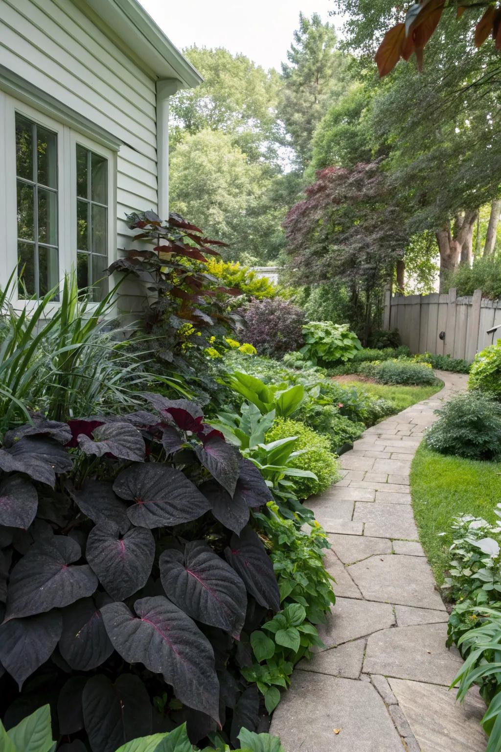 A dramatic noir garden with deep, dark foliage.