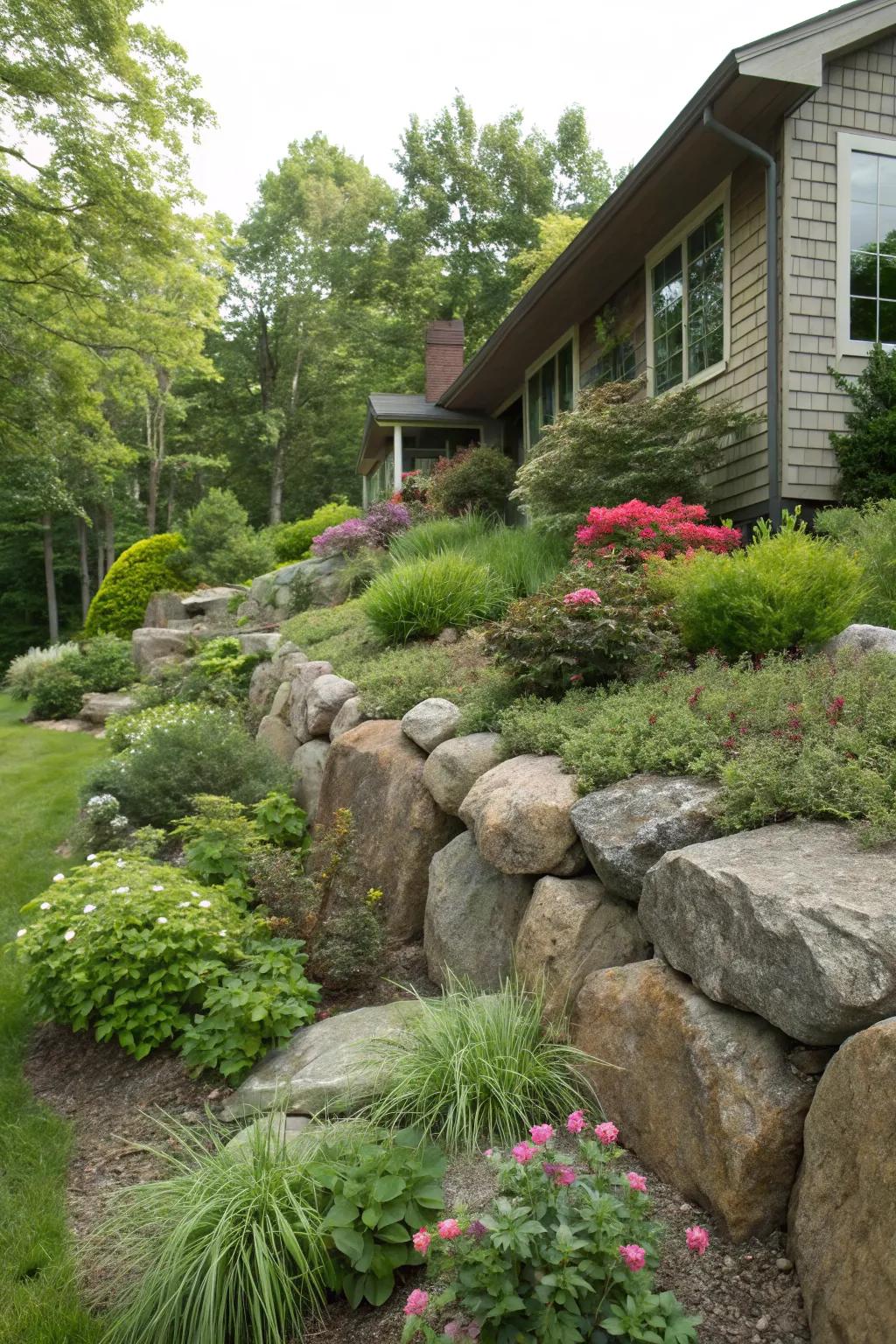 Boulders create a rugged, natural look.
