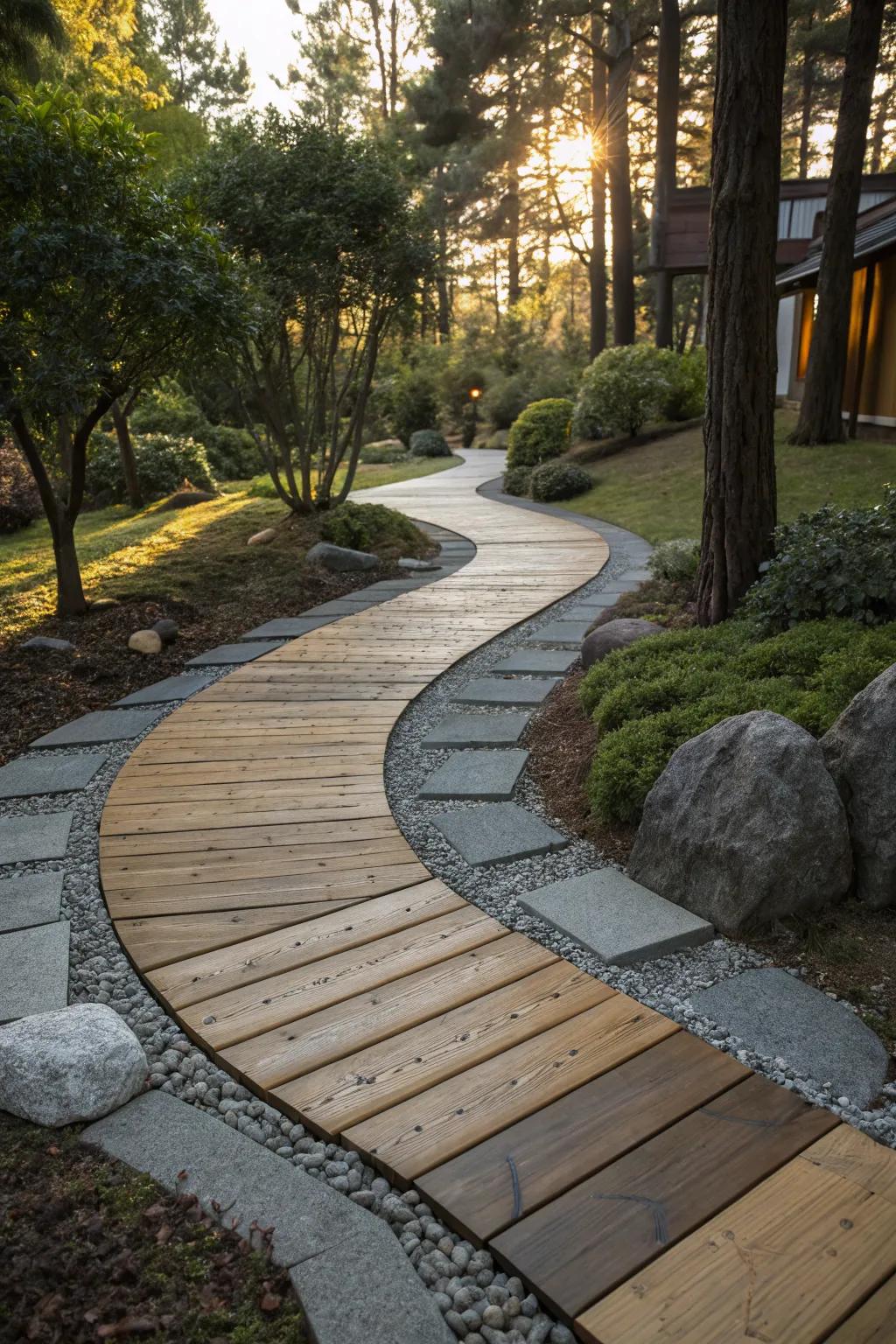 A mixed-material pathway balancing texture and style.