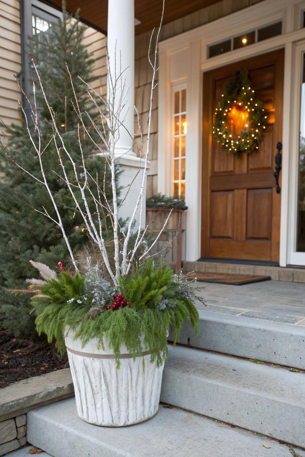 White twigs add a wintery elegance to holiday planters.
