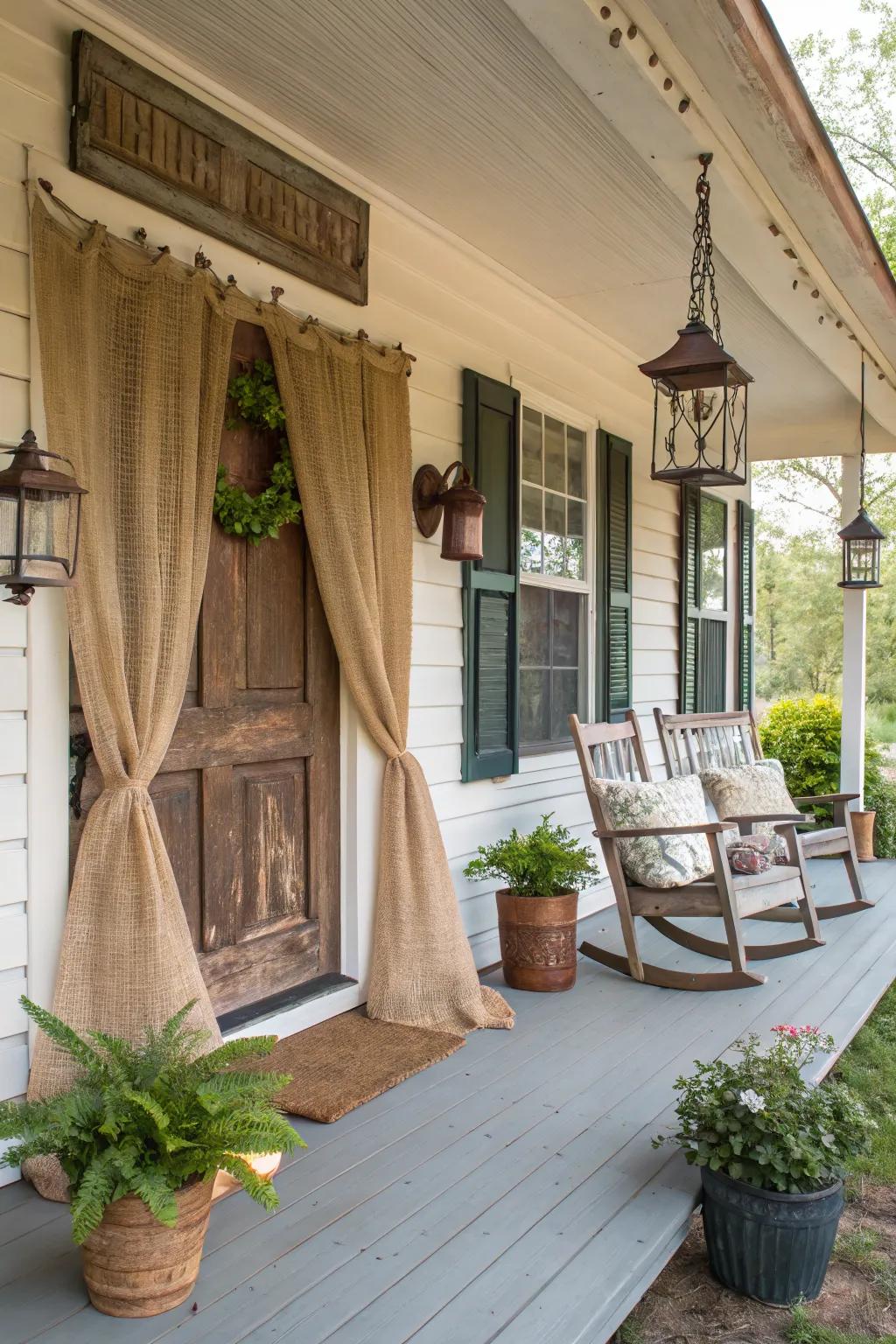 Burlap curtains provide rustic charm.