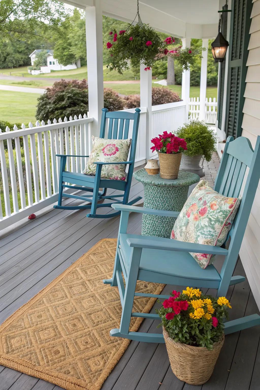 A cohesive color scheme creates a harmonious porch aesthetic.