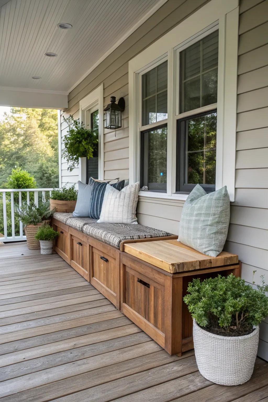 A front porch featuring built-in bench seating with storage beneath.