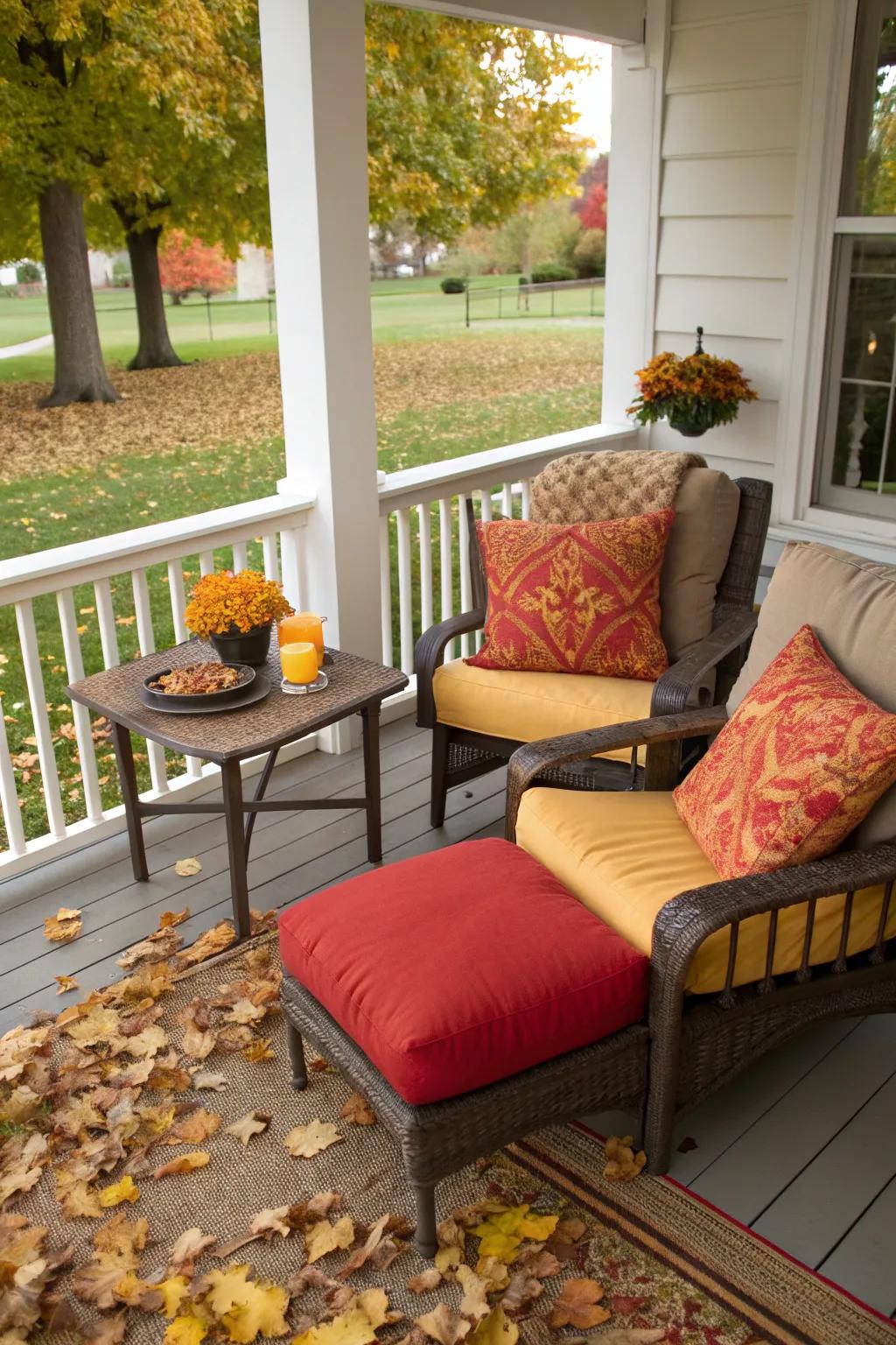 Comfortable seating inviting relaxation on a fall porch.