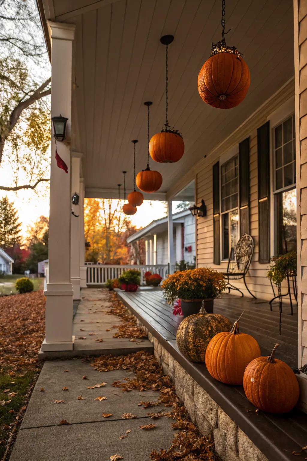 Floating pumpkins create a magical and whimsical Halloween display.