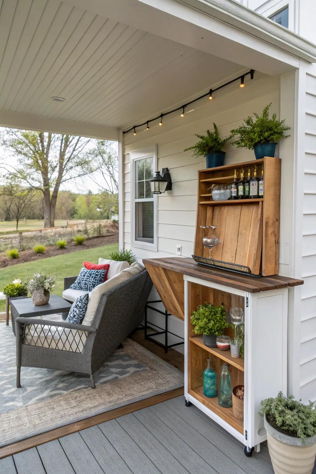 A Murphy bar adds functionality and style to small porch spaces.