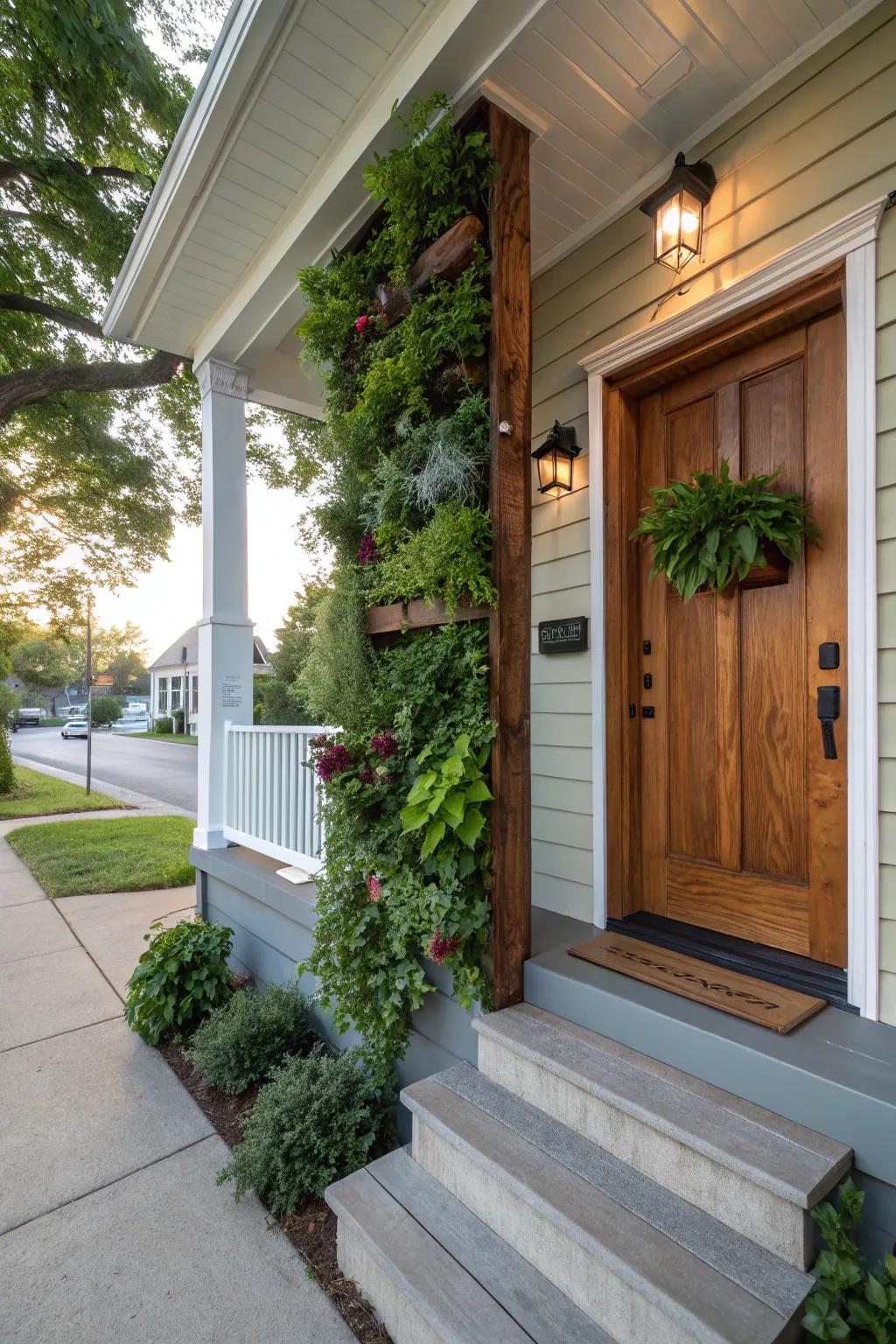 A vertical garden bringing lush greenery to a small front porch.