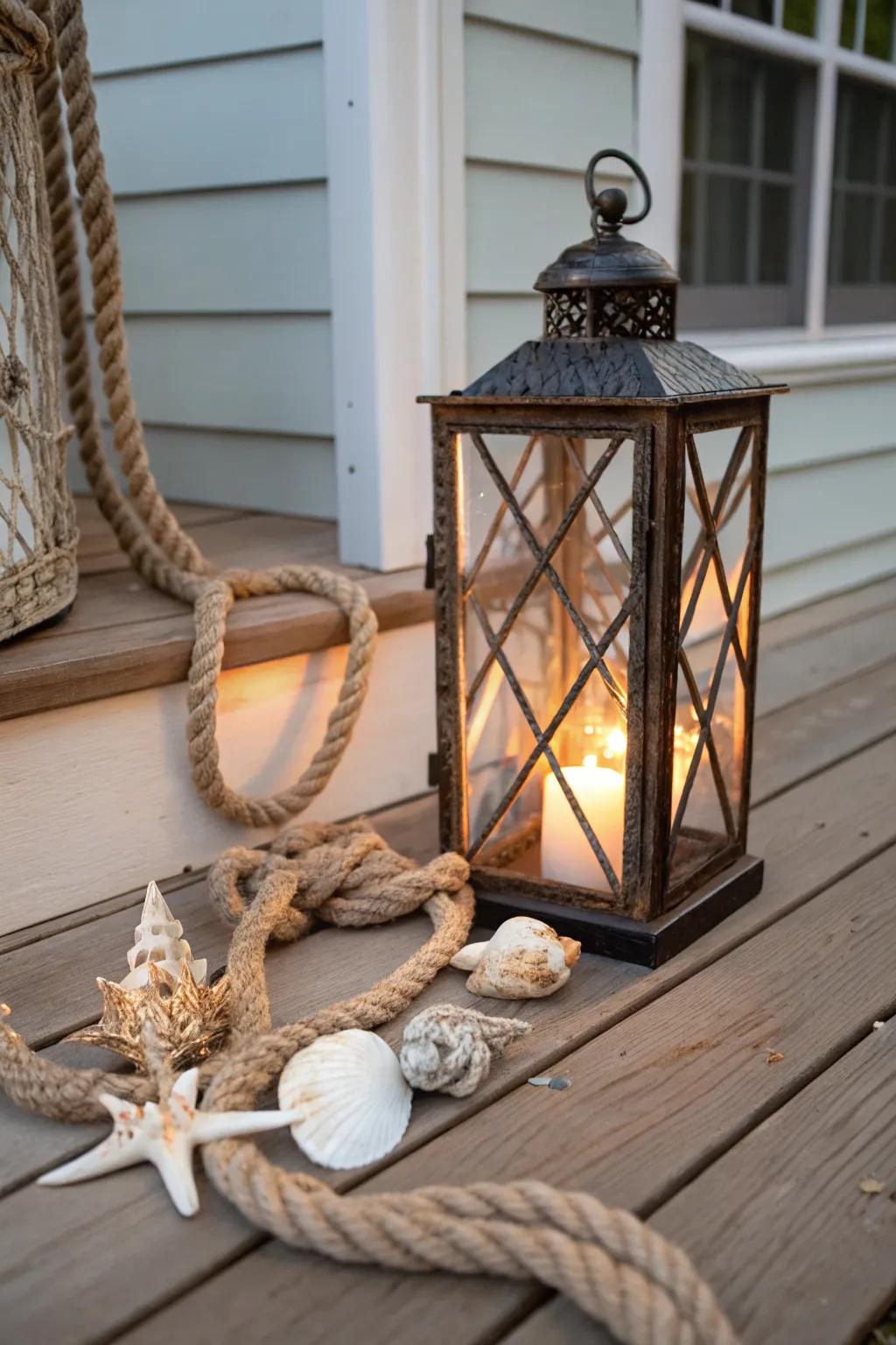 Nautical elements bring a coastal vibe to your lantern decor.