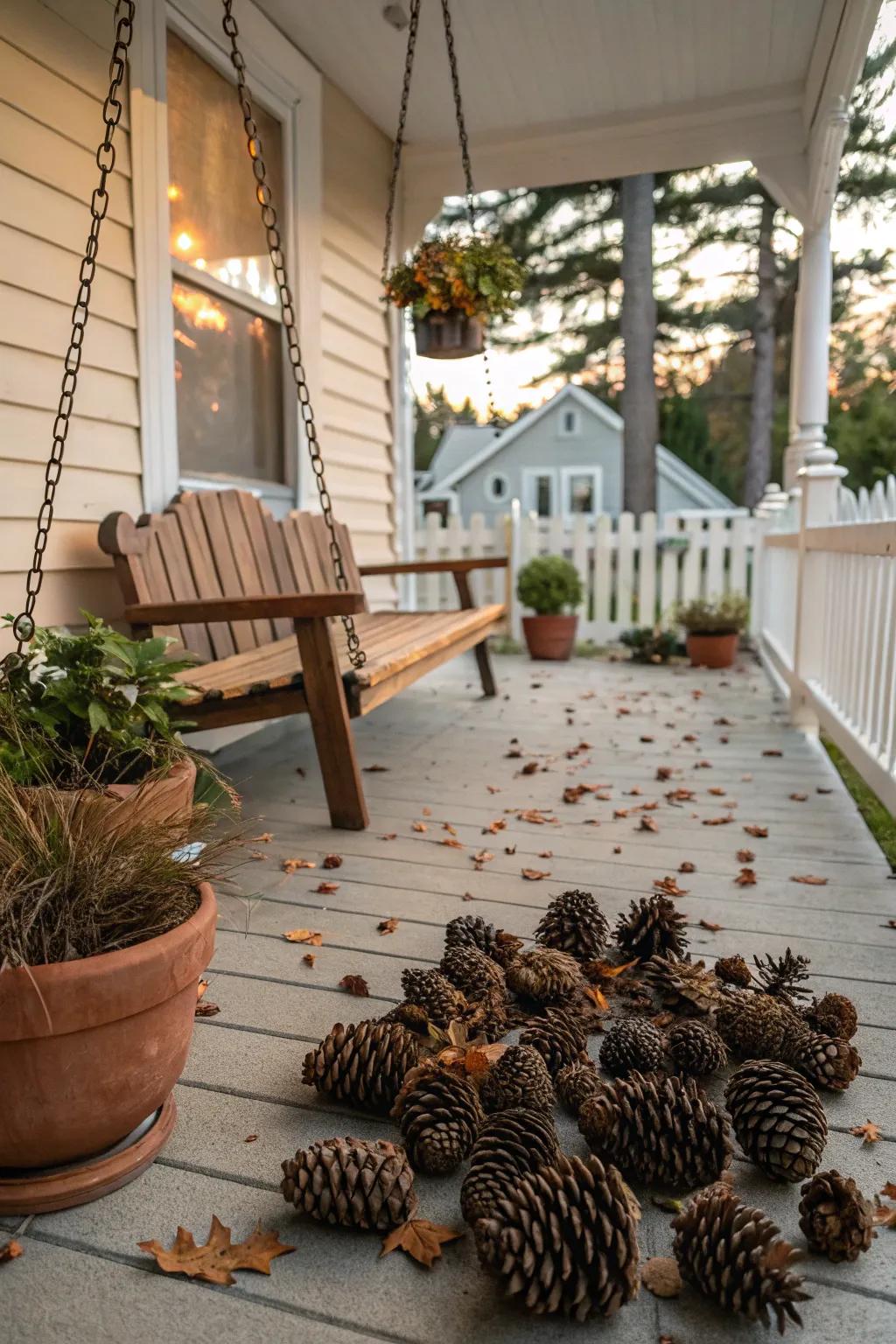 Pinecones add a touch of woodland charm to the porch decor.