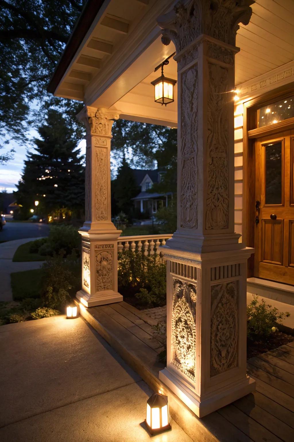 Integrated lighting enhances both safety and beauty of porch pillars.