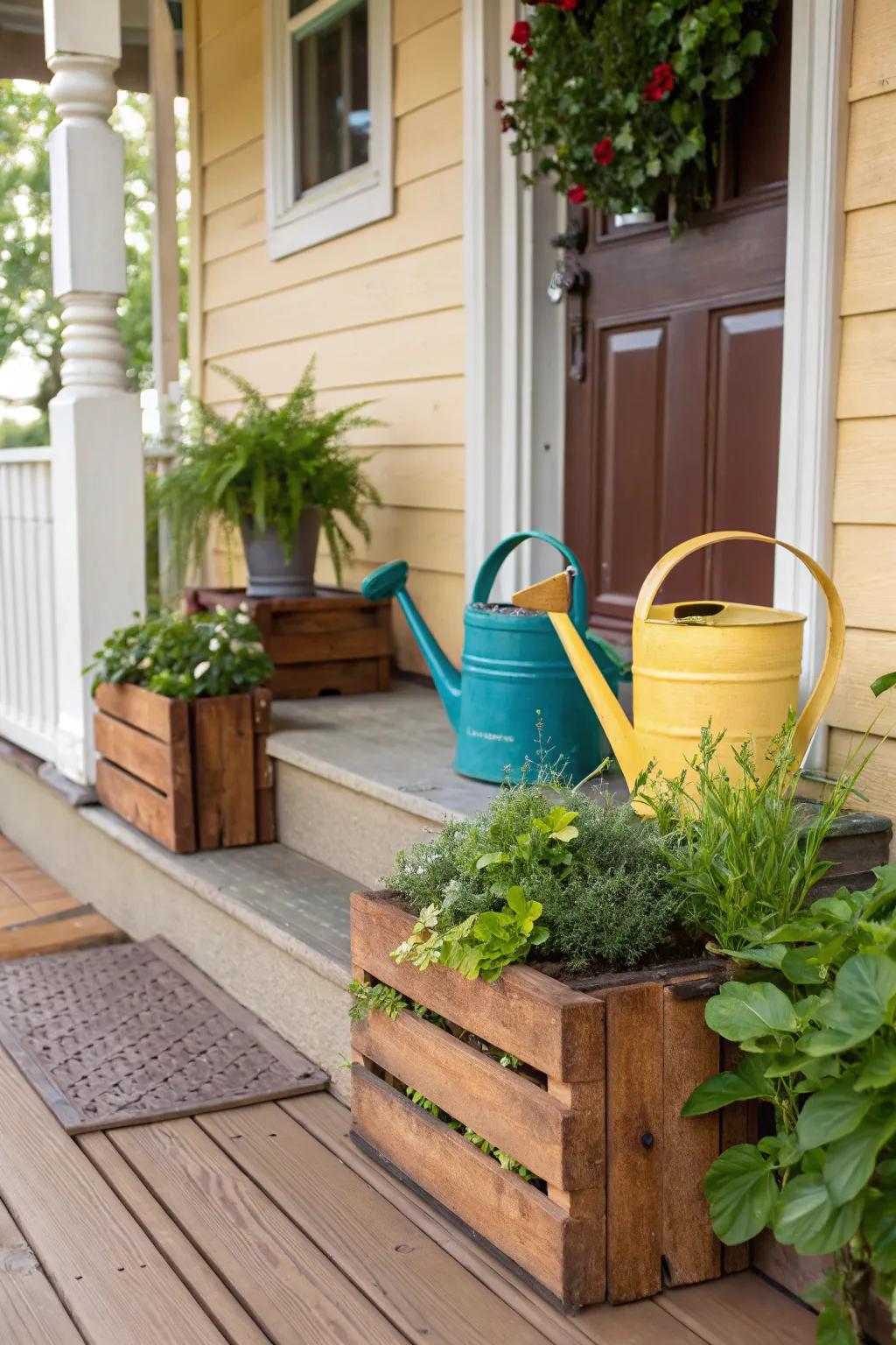 Repurposed items add vintage charm to porch planters.