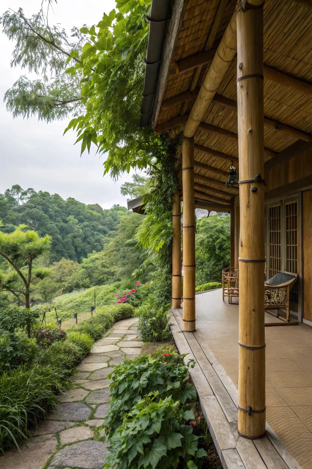 Eco-friendly bamboo posts adding a unique character to the porch.