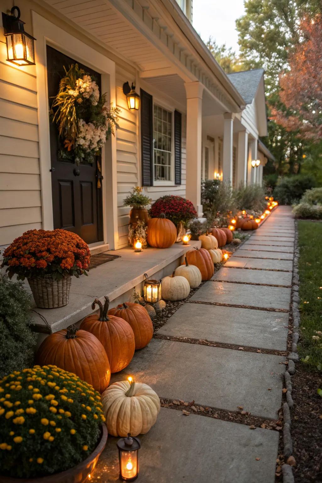 A pumpkin-lined path creates a welcoming route to your door.